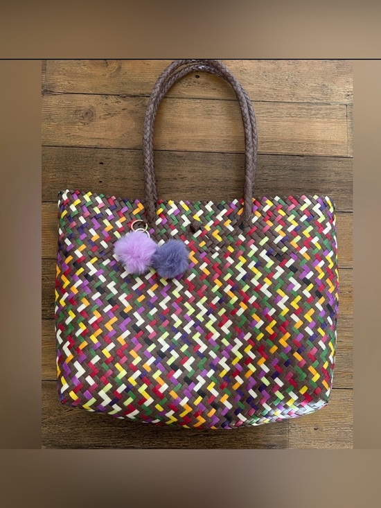Handbags - Colorful Woven Tote Bag with Pom Poms keychains made out of recycled plastic
